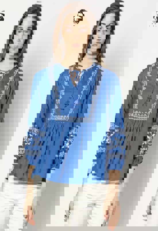 Amelia Embroidered Boho Top - Royal Blue